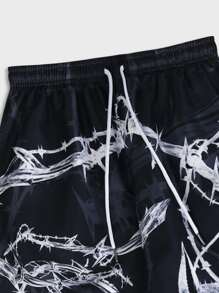 ROMWE MEN Goth 男士字母刺圖案腰部抽繩短褲 - 黑色 - 查看 3