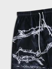 ROMWE MEN Goth 男士字母刺圖案腰部抽繩短褲 - 黑色 - 查看 4