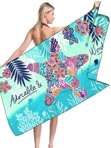 1pc Starfish & Flower Pattern Beach Towel, Modern Microfiber Beach Towel For Outdoor