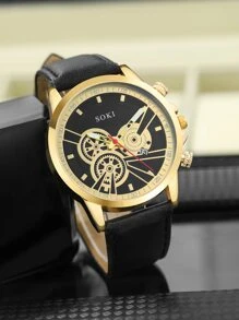 SOKI SOKI 1入組男士圓形指針石英手錶和1入組手環 - 黑色 - 查看 2