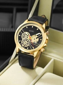 SOKI SOKI 1入組男士圓形指針石英手錶和1入組手環 - 黑色 - 查看 4