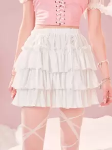 ROMWE 素色荷葉邊蕾絲拼接多層半身裙 - 白色 - 查看 1