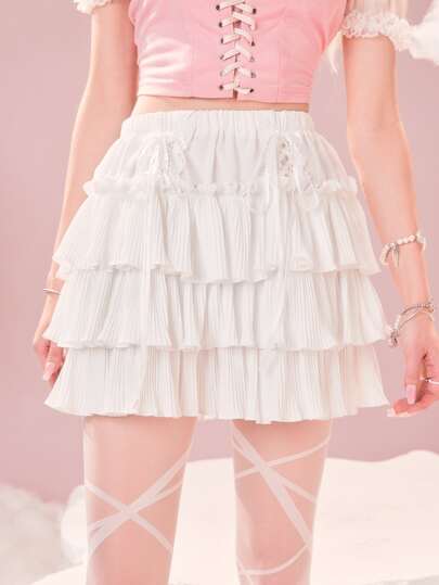 Jupe Dentelle contrastée Volants Lacets Casual Unicolore
