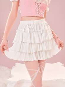 ROMWE 素色荷葉邊蕾絲拼接多層半身裙 - 白色 - 查看 2