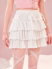 ROMWE 素色荷葉邊蕾絲拼接多層半身裙 - 白色 - 查看 3