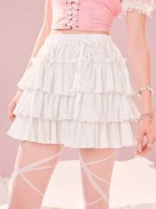 ROMWE 素色荷葉邊蕾絲拼接多層半身裙 - 白色 - 查看 4