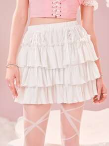 ROMWE 素色荷葉邊蕾絲拼接多層半身裙 - 白色 - 查看 5