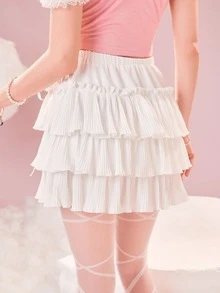 ROMWE 素色荷葉邊蕾絲拼接多層半身裙 - 白色 - 查看 6