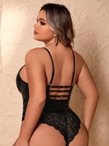 Plus Contrast Lace PU Teddy Bodysuit - Black - View 2