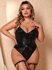 Plus Contrast Lace PU Teddy Bodysuit - Black - View 4