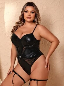 Plus Contrast Lace PU Teddy Bodysuit - Black - View 5