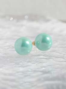 Faux Pearl Design Stud Earrings - Green - View 3