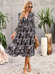 SHEIN VCAY Ditsy Floral Print Flounce Sleeve Ruffle Hem Dress - Black - View 1