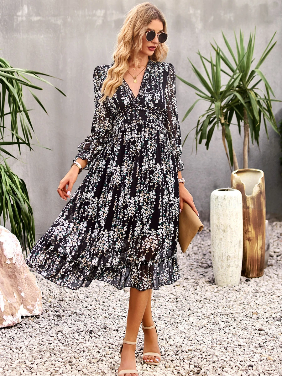 SHEIN VCAY Ditsy Floral Print Flounce Sleeve Ruffle Hem Dress - Black - View 1