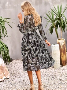 SHEIN VCAY Ditsy Floral Print Flounce Sleeve Ruffle Hem Dress - Black - View 2