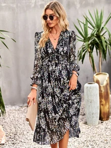 SHEIN VCAY Ditsy Floral Print Flounce Sleeve Ruffle Hem Dress - Black - View 3