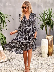 SHEIN VCAY Ditsy Floral Print Flounce Sleeve Ruffle Hem Dress - Black - View 4