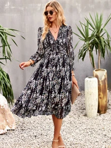 SHEIN VCAY Ditsy Floral Print Flounce Sleeve Ruffle Hem Dress - Black - View 5