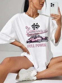 SHEIN EZwear Car And Letter Graphic Drop Shoulder Oversized Tee - White - View 1