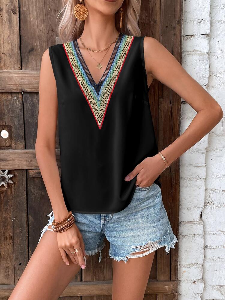 SHEIN LUNE 拼接水溶蕾絲無袖襯衫 - 黑色 - 查看 6
