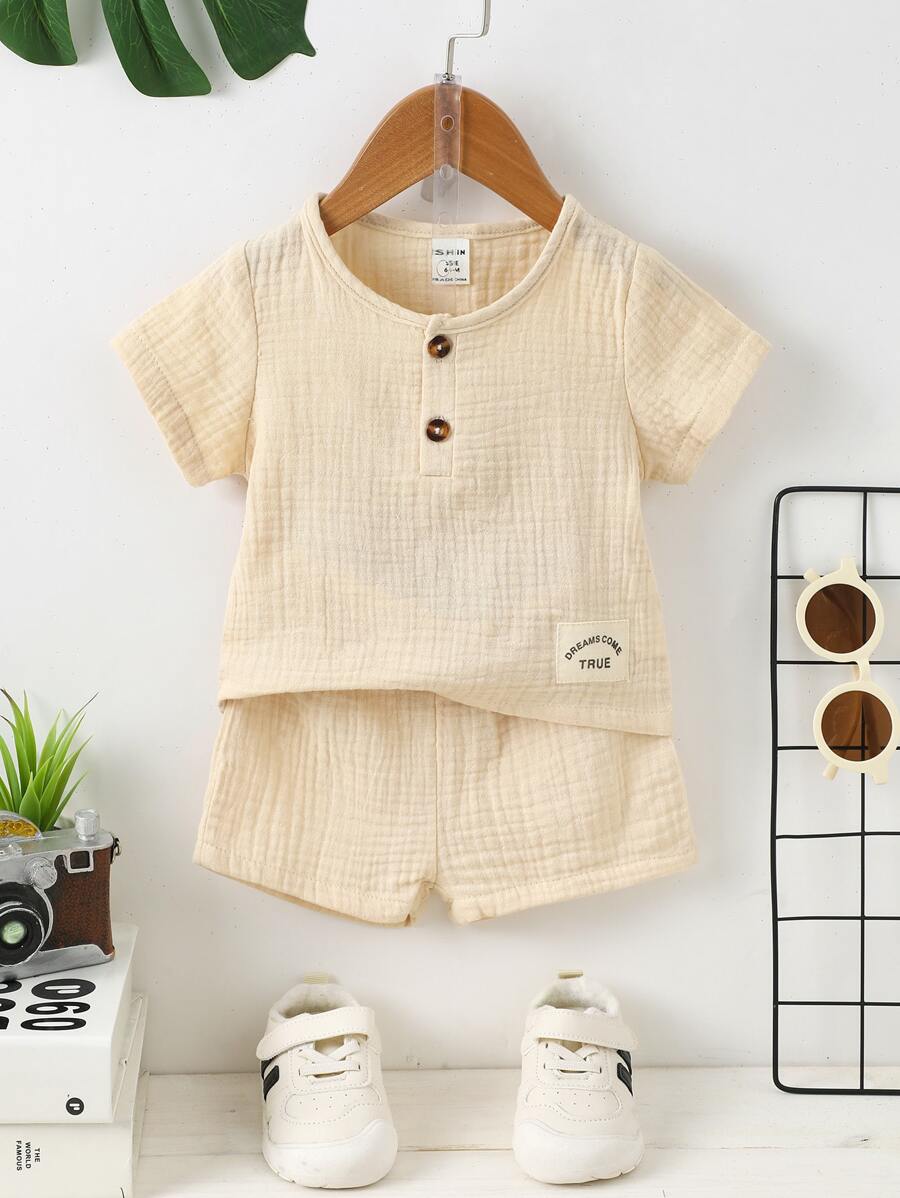 SHEIN Baby Boy Letter Patched Detail Half Button Tee & Shorts - Apricot - View 1