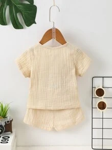 SHEIN Baby Boy Letter Patched Detail Half Button Tee & Shorts - Apricot - View 2