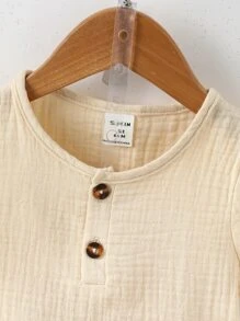 SHEIN Baby Boy Letter Patched Detail Half Button Tee & Shorts - Apricot - View 7