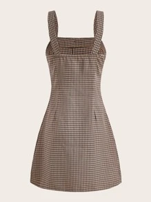 ROMWE J-Fashion Vestido de tirantes con estampado de cuadros con botón delantero - Café integral - Ver 4