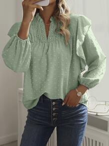 SHEIN Holidaya Swiss Dot Ruffle Trim Lantern Sleeve Blouse - Mint Green - View 1