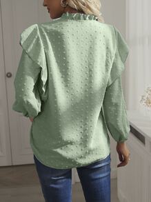 SHEIN Holidaya Swiss Dot Ruffle Trim Lantern Sleeve Blouse - Mint Green - View 2