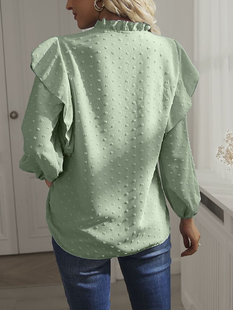 SHEIN Holidaya Swiss Dot Ruffle Trim Lantern Sleeve Blouse - Mint Green - View 2