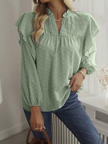SHEIN Holidaya Swiss Dot Ruffle Trim Lantern Sleeve Blouse - Mint Green - View 3