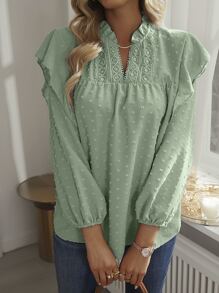 SHEIN Holidaya Swiss Dot Ruffle Trim Lantern Sleeve Blouse - Mint Green - View 4