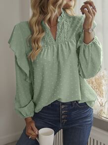 SHEIN Holidaya Swiss Dot Ruffle Trim Lantern Sleeve Blouse - Mint Green - View 5