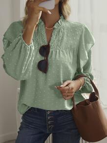 SHEIN Holidaya Swiss Dot Ruffle Trim Lantern Sleeve Blouse - Mint Green - View 6