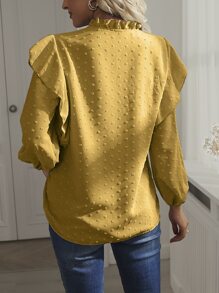 SHEIN LUNE 圓點荷葉邊燈籠袖缺口領襯衫 - 黃色 - 查看 2