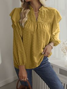 SHEIN LUNE 圓點荷葉邊燈籠袖缺口領襯衫 - 黃色 - 查看 3