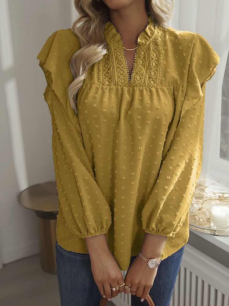 SHEIN LUNE Áo sơ mi nữ Tương phản ren Xù màu trơn Giải trí - Màu vàng - Xem 4