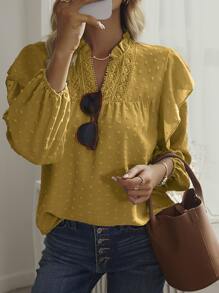 SHEIN LUNE 圓點荷葉邊燈籠袖缺口領襯衫 - 黃色 - 查看 5