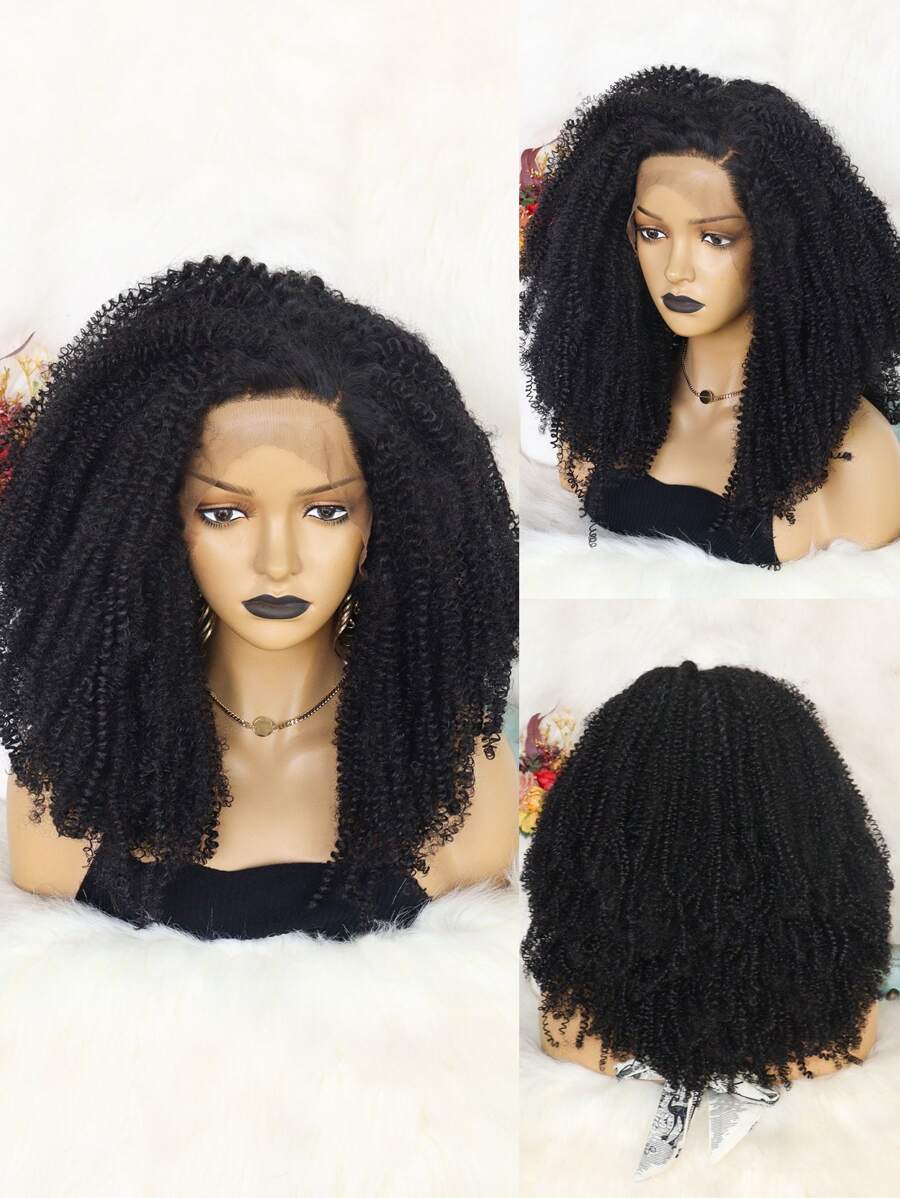 13*3蕾絲中等圓蓬式髮型卷人造假髮 - 黑色 - 查看 1