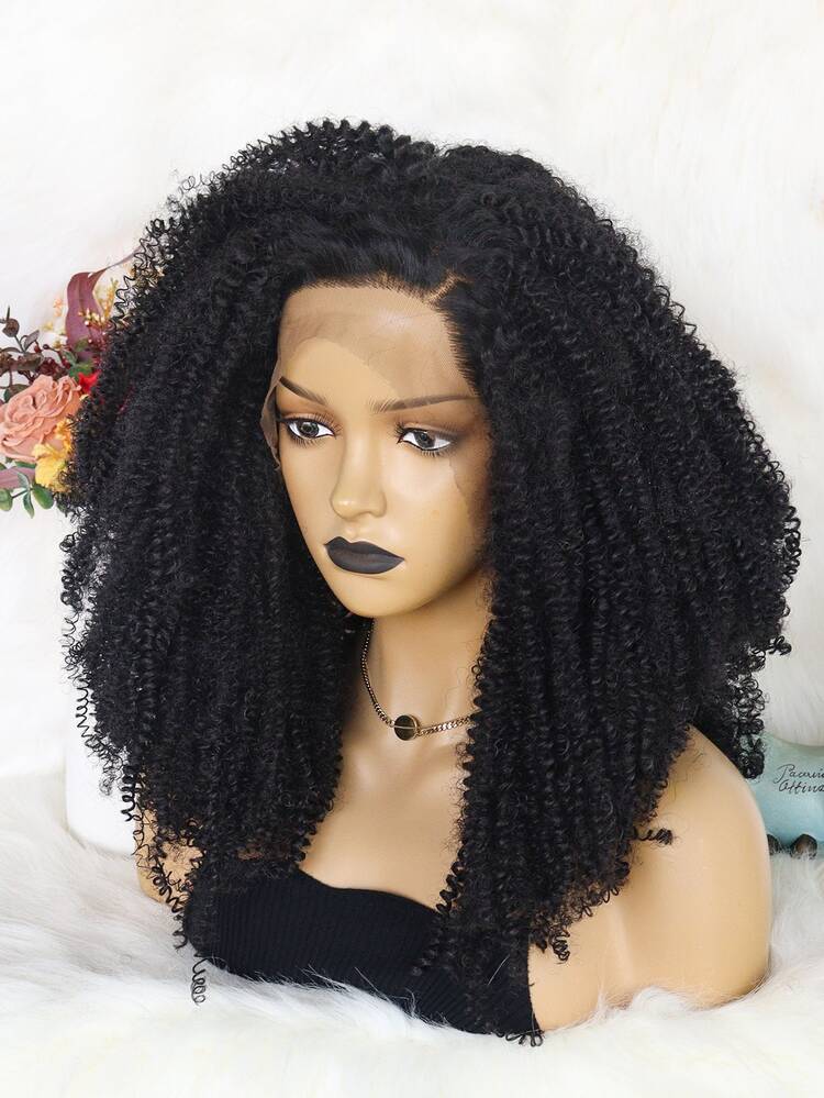 13*3蕾絲中等圓蓬式髮型卷人造假髮 - 黑色 - 查看 5