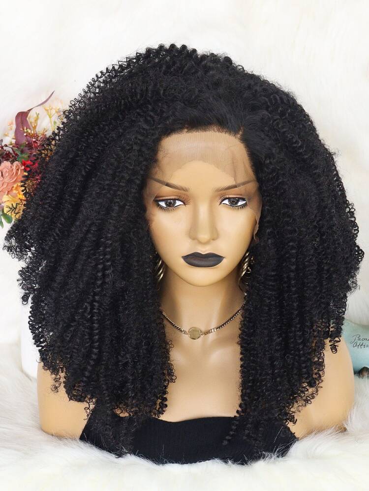 13*3蕾絲中等圓蓬式髮型卷人造假髮 - 黑色 - 查看 4