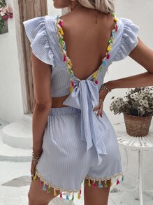 Breezaya Striped Tassel Trim Tie Backless Top & Shorts - Blue - View 4