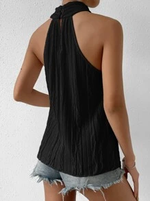 Chiquease Solid Criss Cross Halter Neck Blouse - Black - View 2