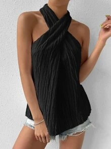 Chiquease Solid Criss Cross Halter Neck Blouse - Black - View 3