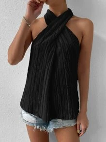 Chiquease Solid Criss Cross Halter Neck Blouse - Black - View 5