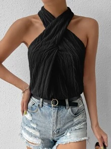 Chiquease Solid Criss Cross Halter Neck Blouse - Black - View 6