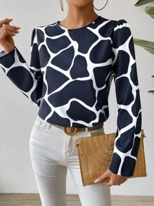 SHEIN LUNE Allover Print Puff Sleeve Blouse - Navy Blue - View 1