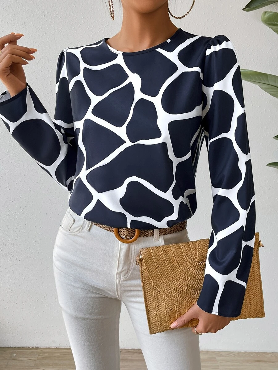 SHEIN LUNE Allover Print Puff Sleeve Blouse - Navy Blue - View 1