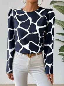 SHEIN LUNE Allover Print Puff Sleeve Blouse - Navy Blue - View 3